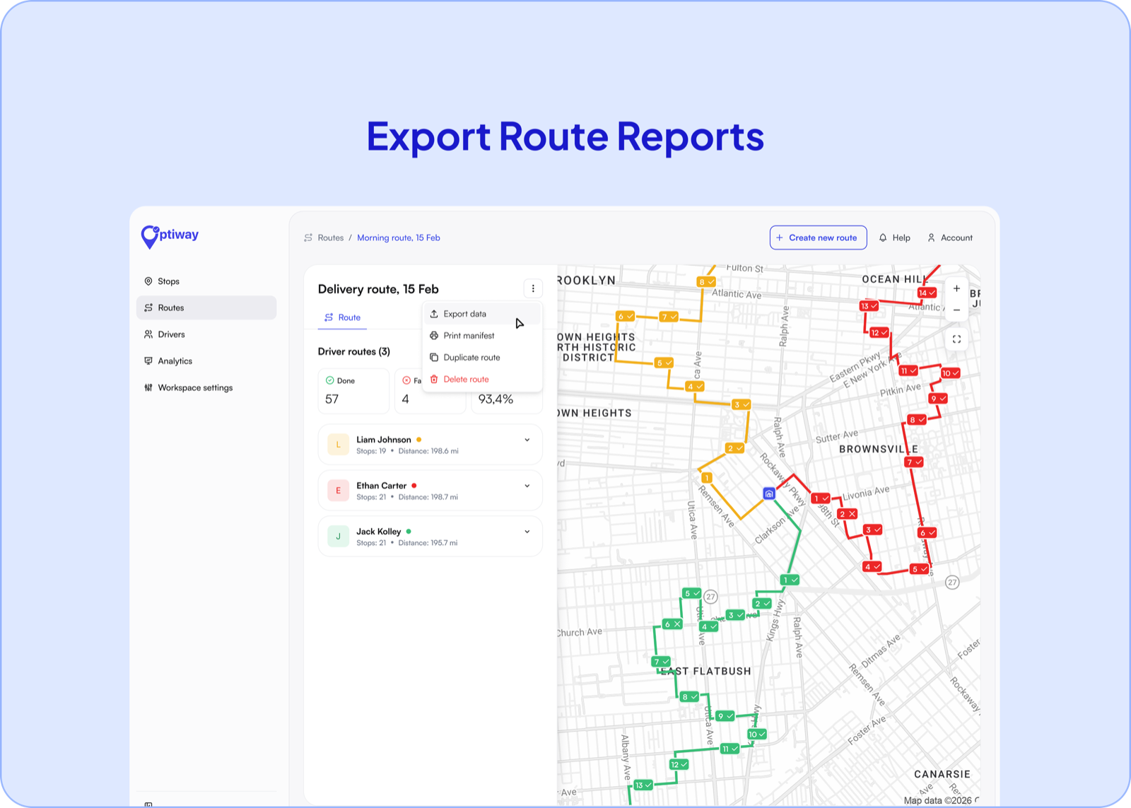 Optiway dispatch dashboard exporting a route report with per-stop delivery status