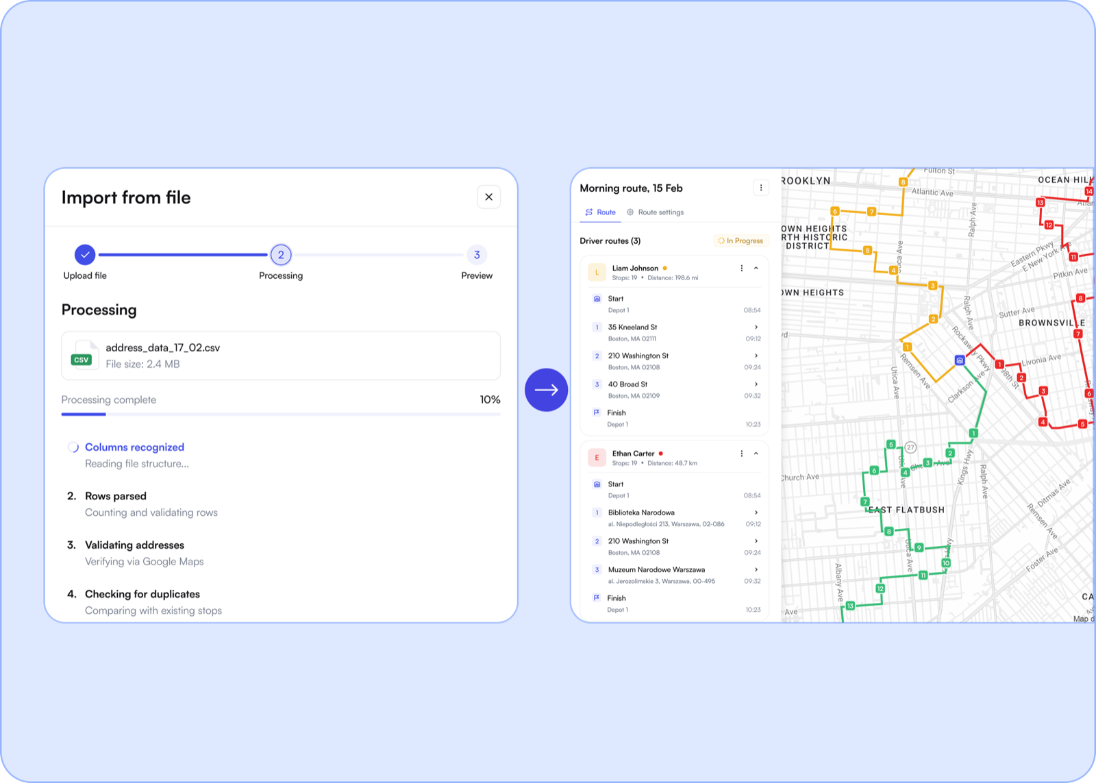 Optiway import-from-file flow turning a CSV of addresses into optimized driver routes
