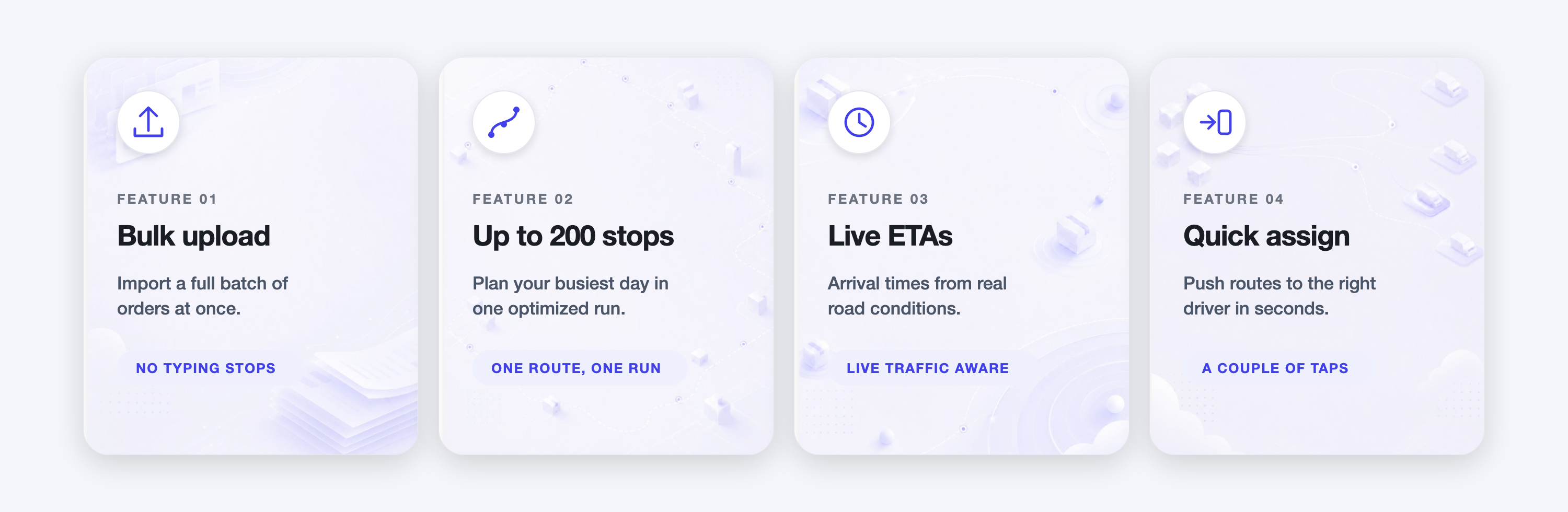 Ecommerce delivery management platform key features: bulk upload, up to 200 stops, live ETAs, and quick driver assignment