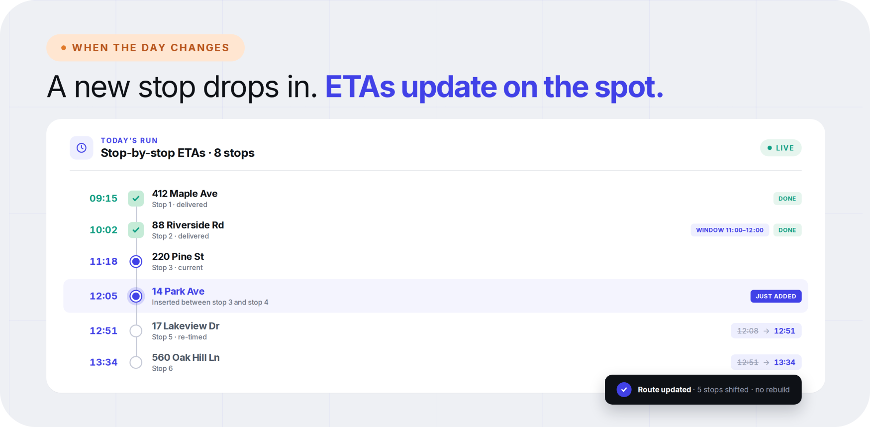 A new stop drops in and ETAs update on the spot in Optiway