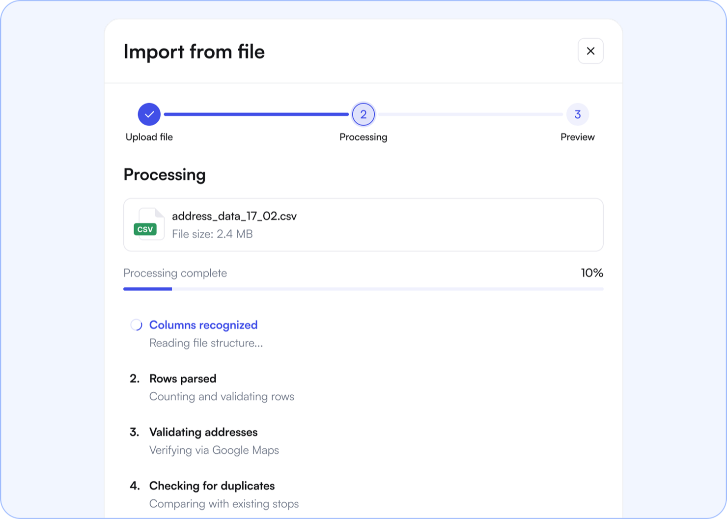 CSV route import turning a courier stop list into an optimized route in Optiway