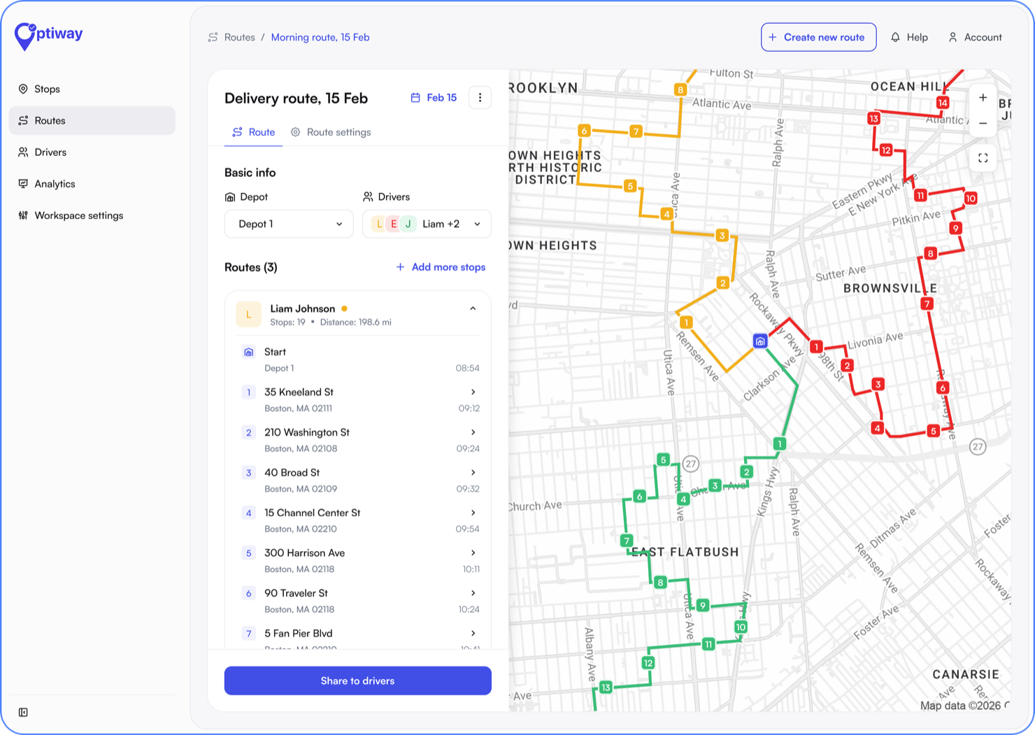 Local courier software dispatch dashboard with three driver routes on the map