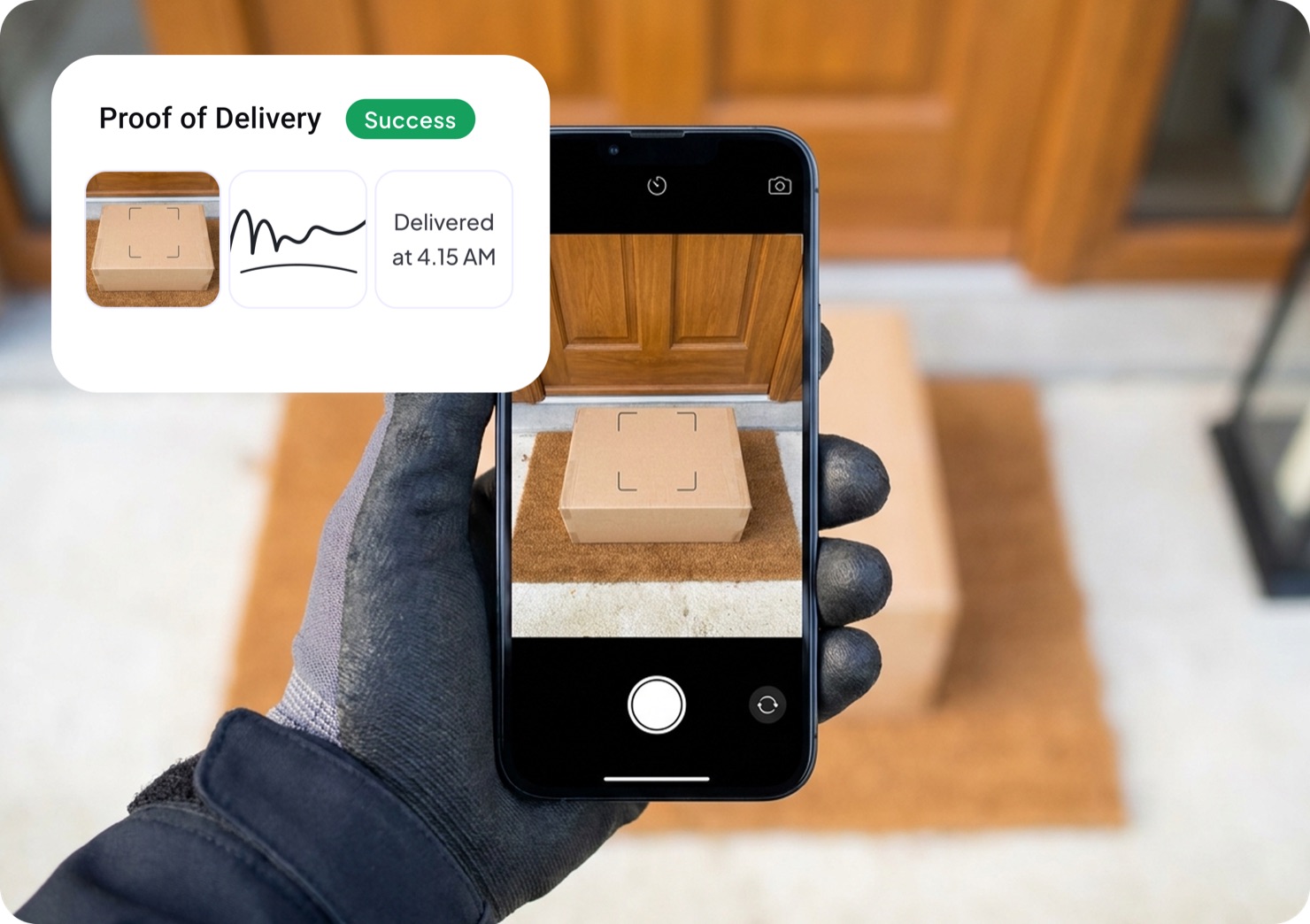 Optiway driver app proof of delivery screen with photo, signature, and delivery confirmation