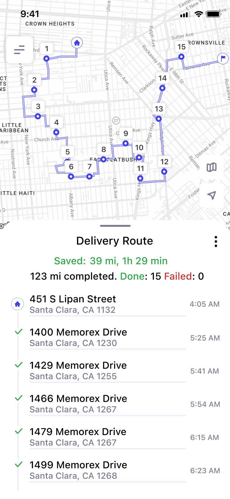 Optiway app — stop list