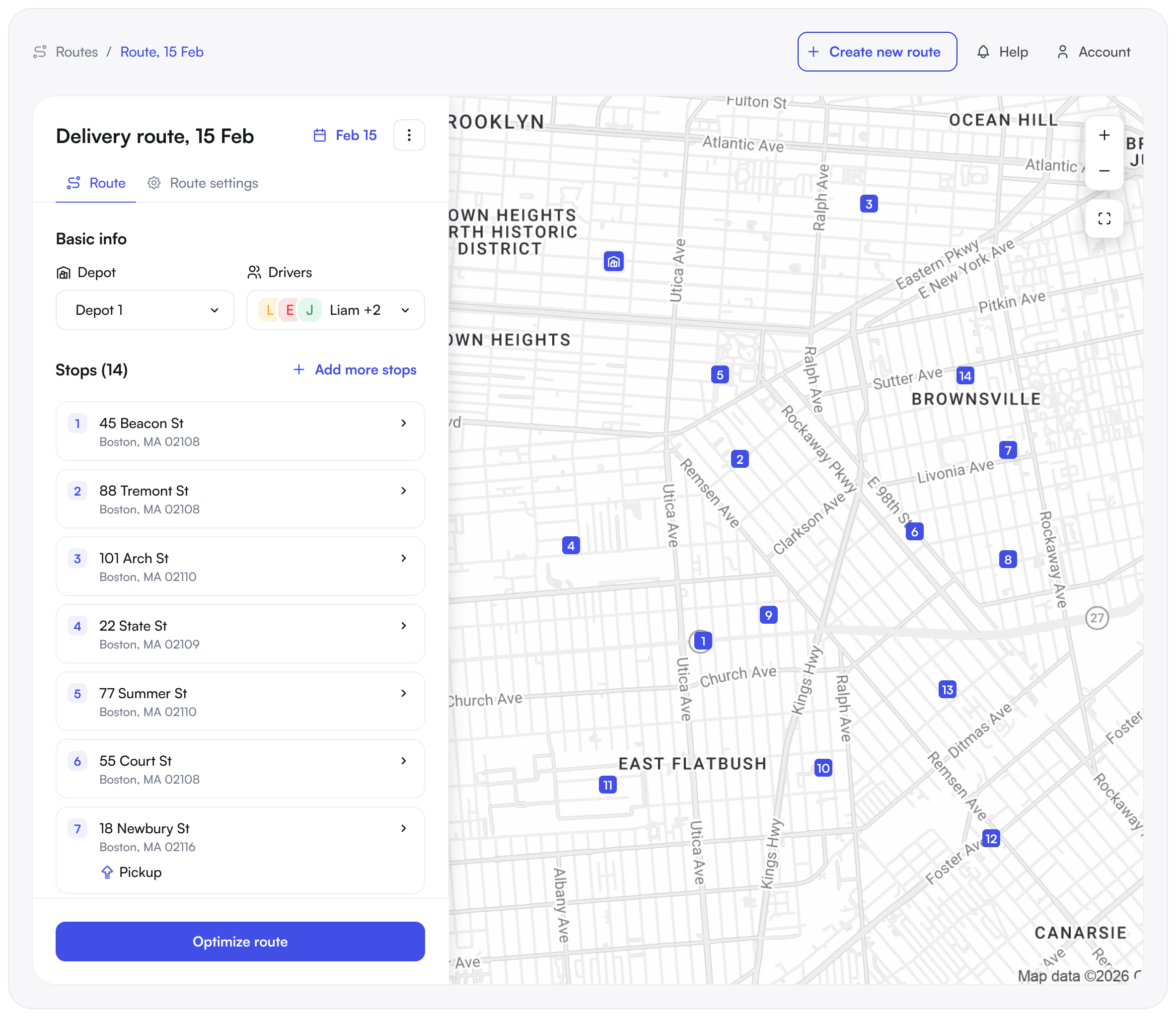 Optimized routes on the dispatch board