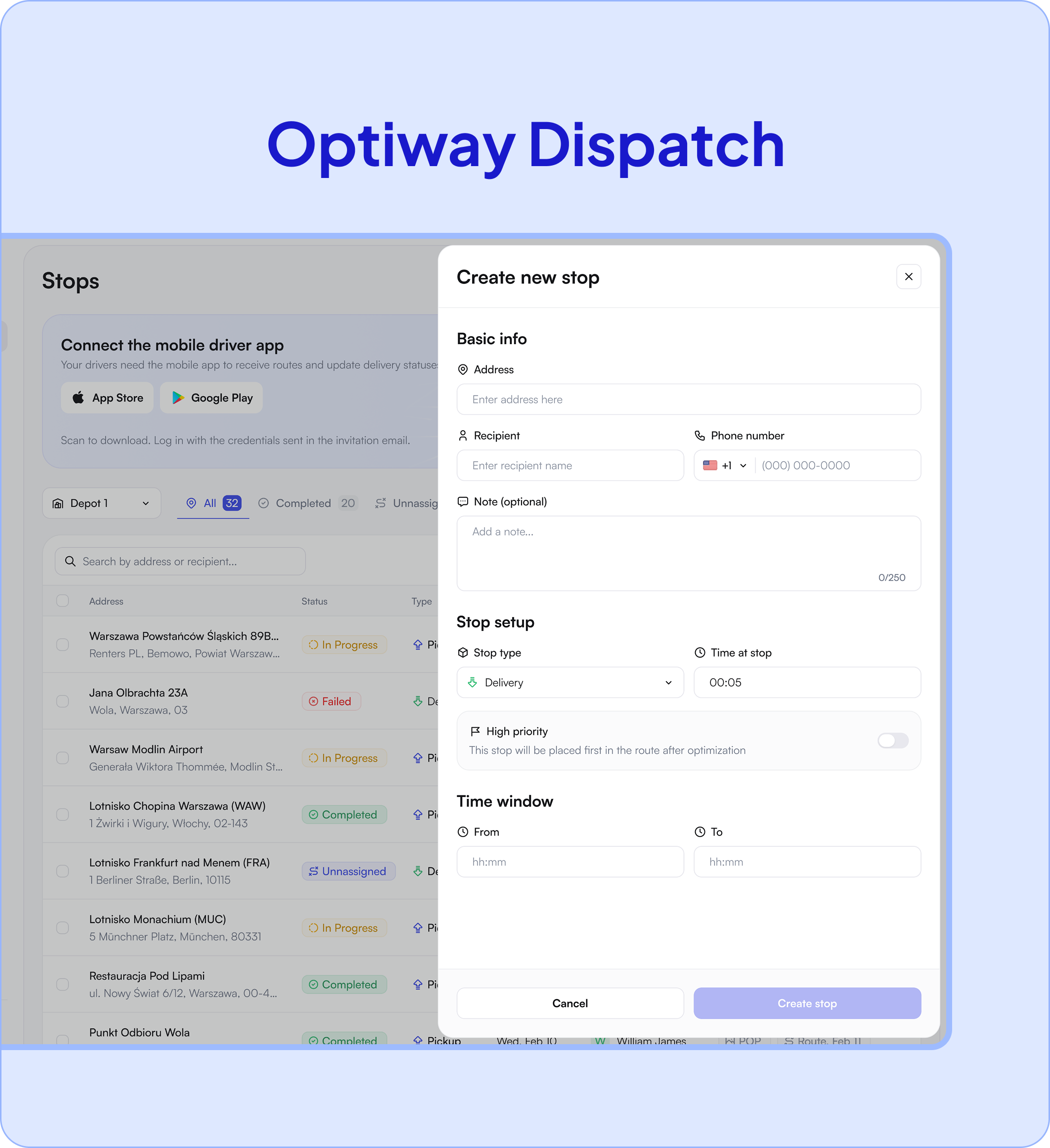 Setting a delivery time window and high priority on a grocery stop in Optiway