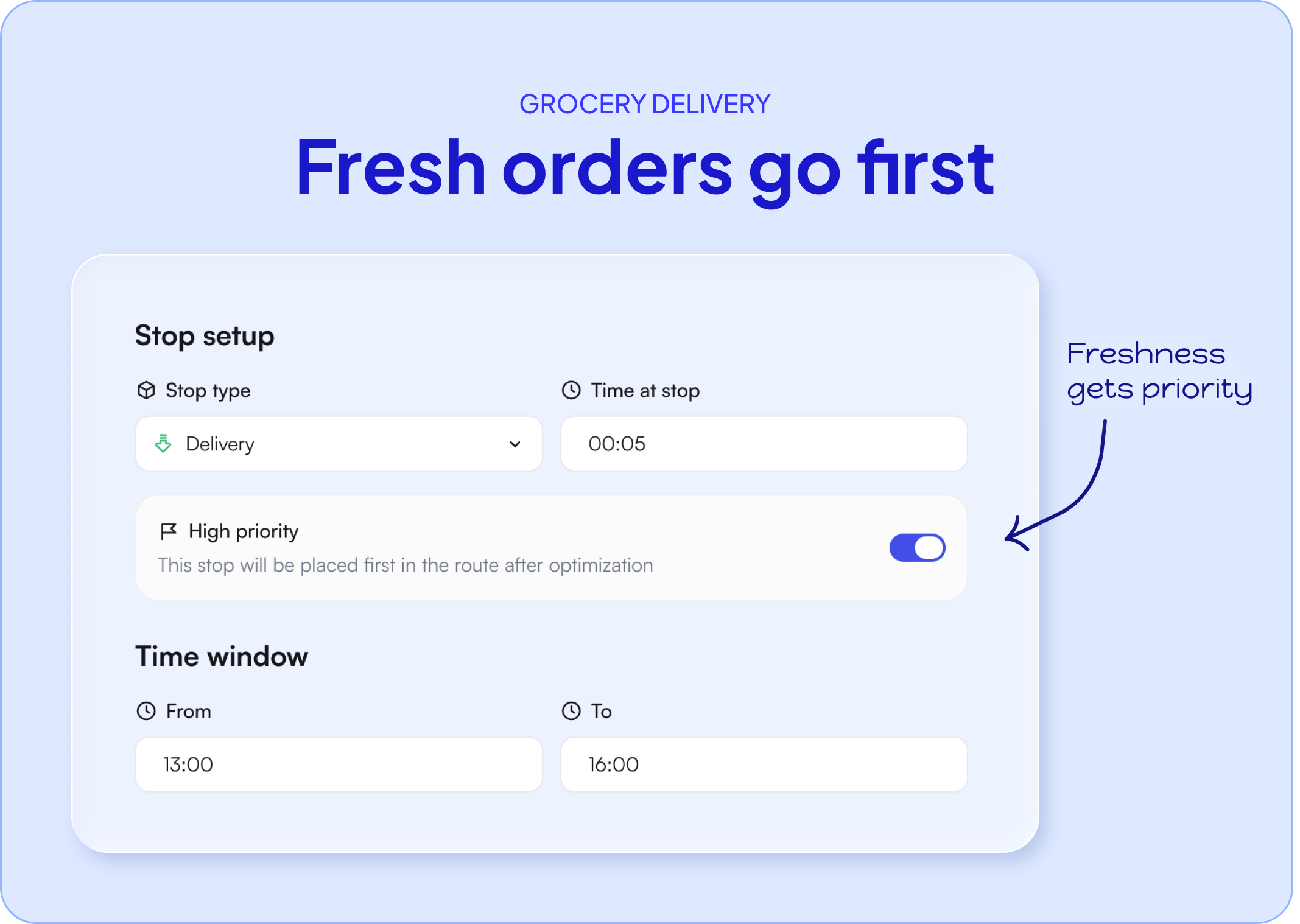 Marking a grocery stop as high priority with a delivery window in Optiway