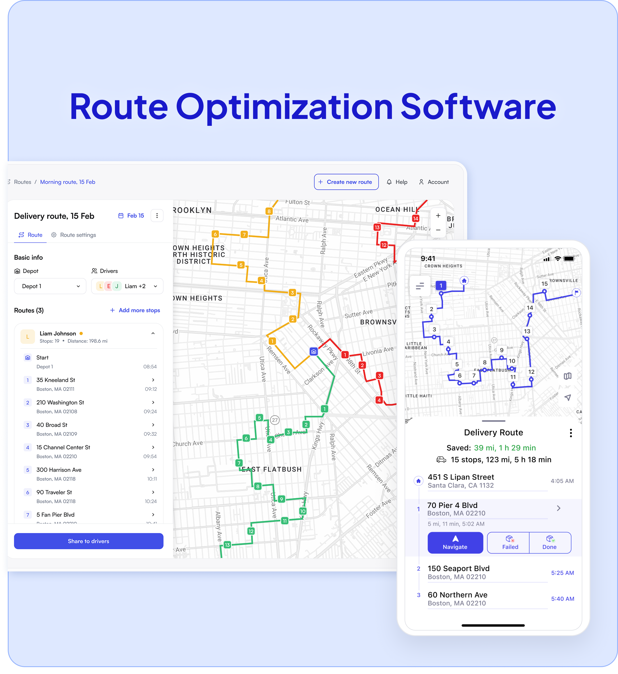 Optiway route optimization software — dispatch dashboard and driver app