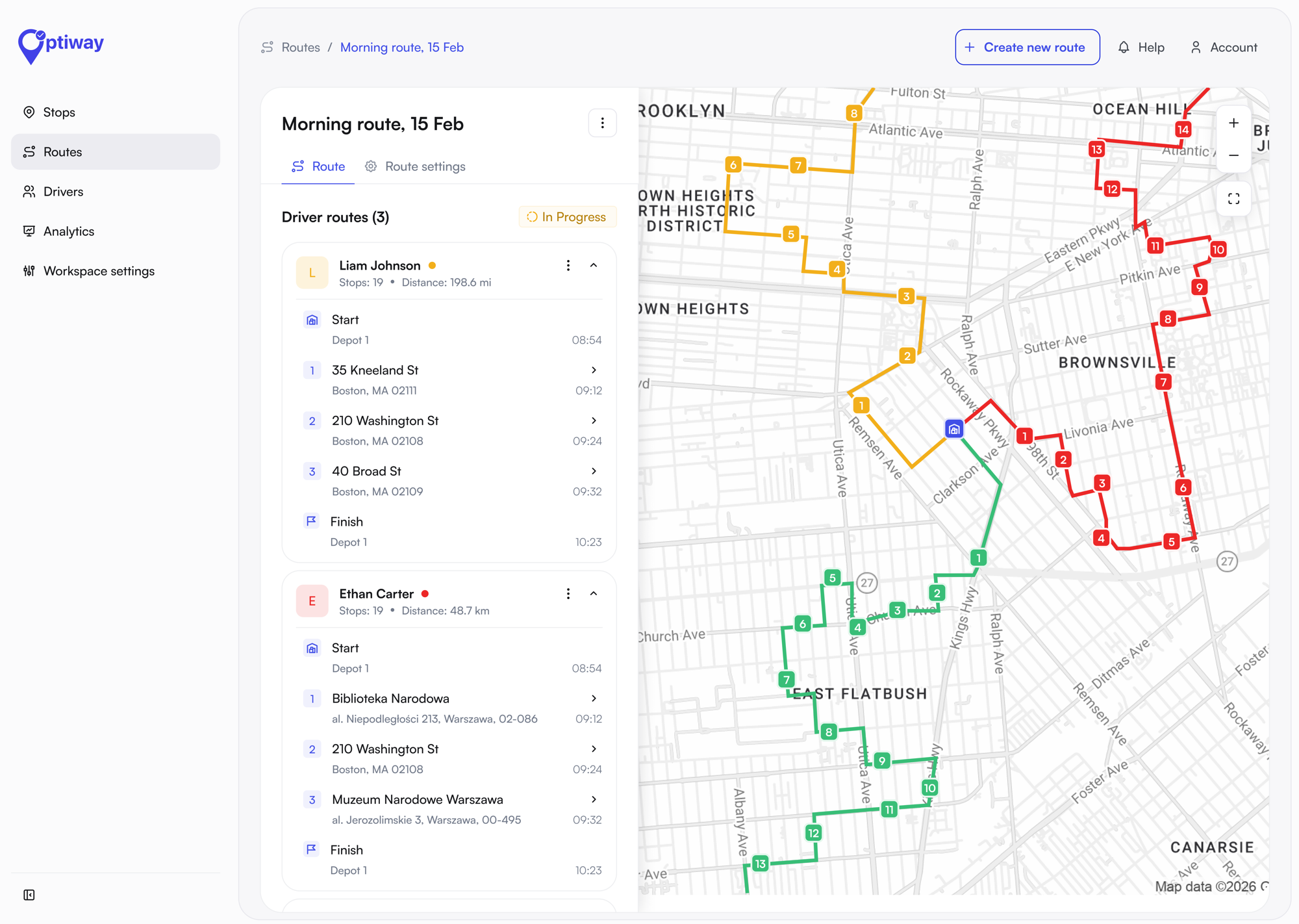 Optiway route planning dashboard with a medical delivery route