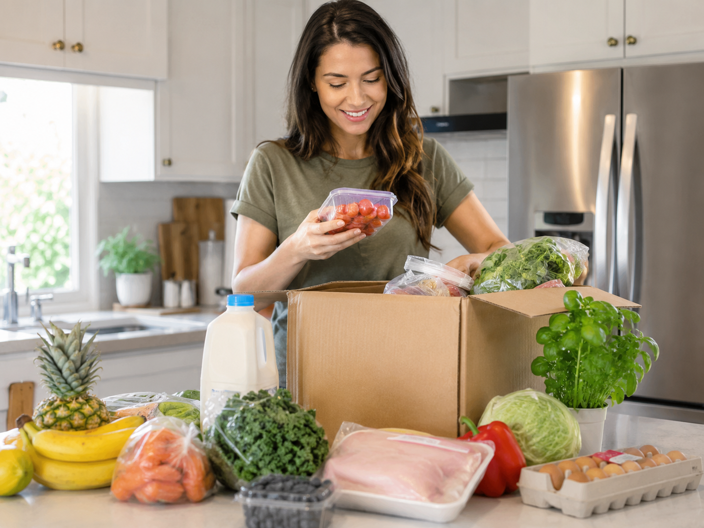 A customer unpacking a fresh grocery delivery box in her kitchen