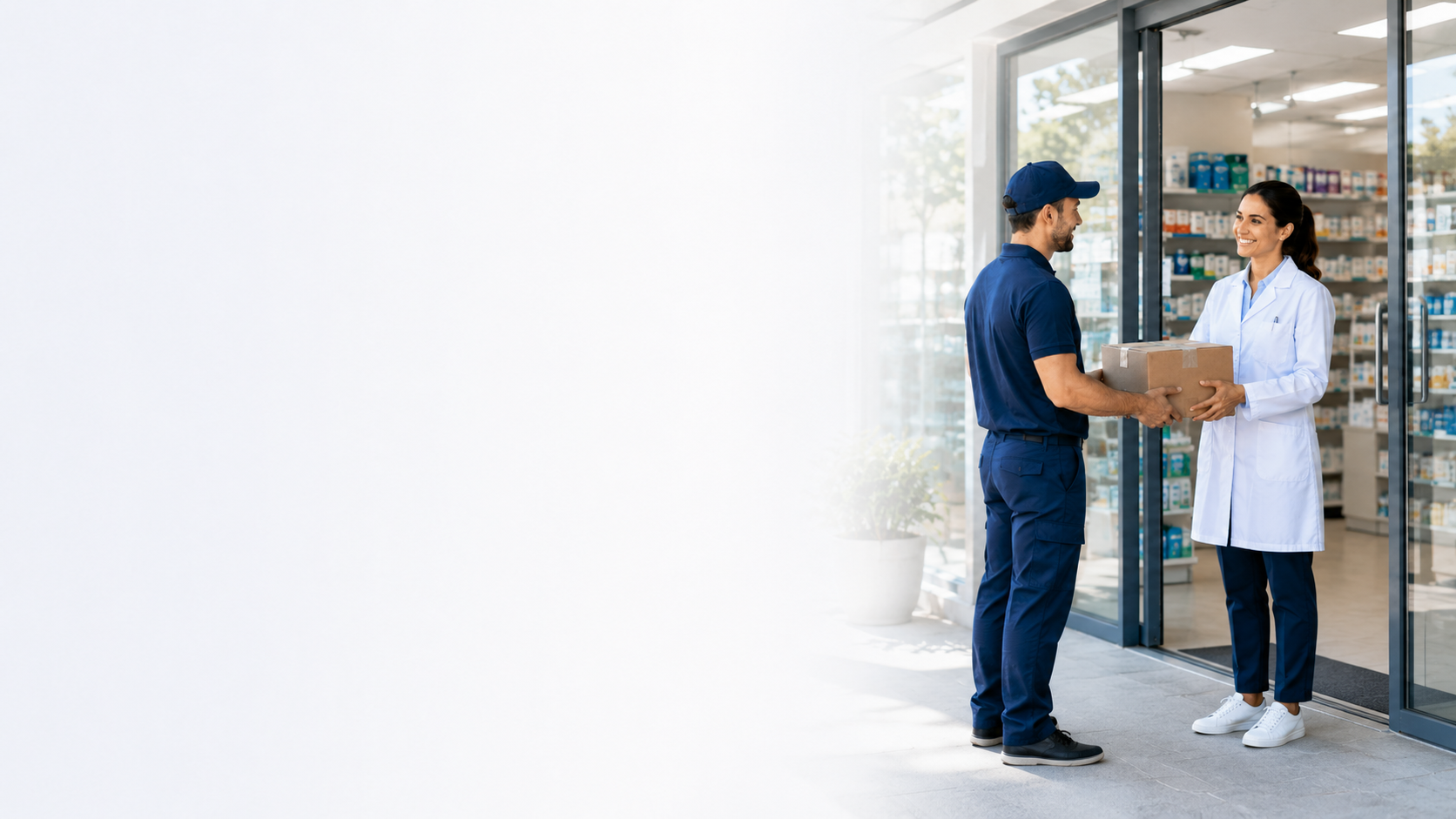 A courier handing a delivery box to a pharmacist at the pharmacy door