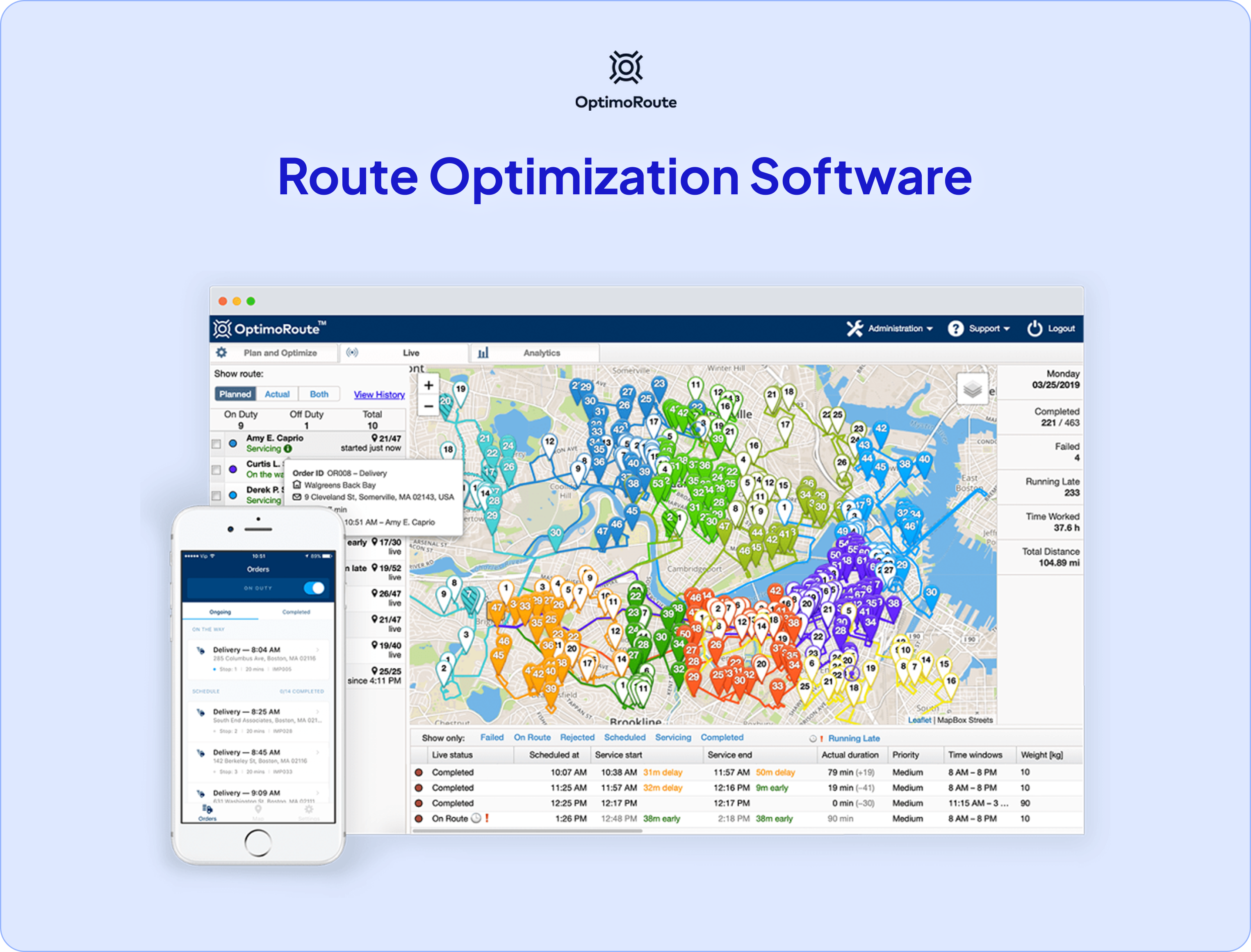 OptimoRoute route optimization — plan and optimize, live tracking, and analytics